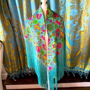 Vintage 1970s piano shawl blue pink neon florals
